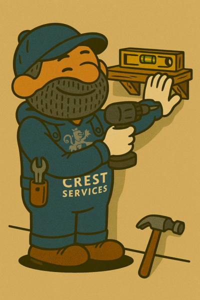 Cartoon handyman installing a wooden shelf with a power drill and spirit level Crest Services mascot fixing a shelf indoors using a drill and level Bearded handyman character securing a shelf bracket with a drill and checking level Crest Services cartoon tradesman fitting a shelf on an indoor wall Handyman mascot in blue hoodie installing a shelf with tools and spirit level