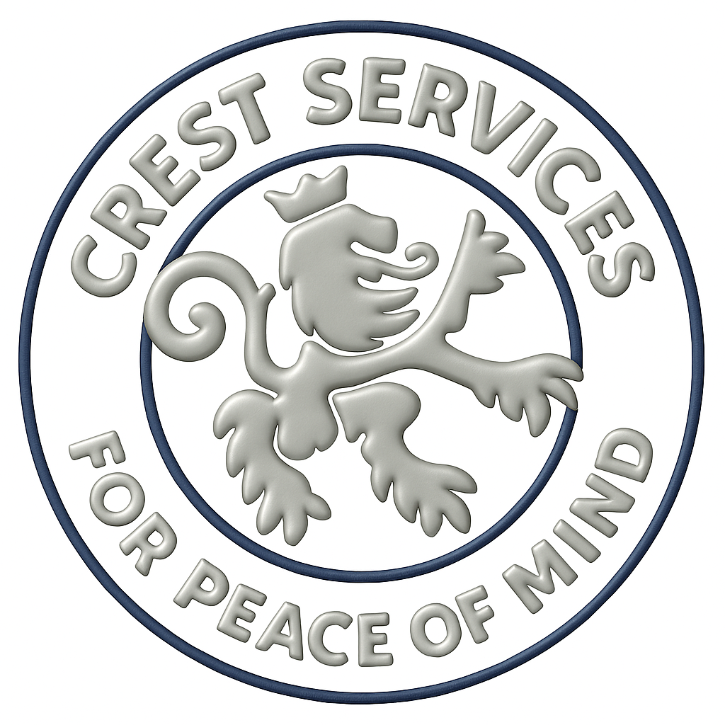 #CrestServices #LionEmblem #PeaceOfMind #BrandLogo #MetallicDesign #EmbossedEffect #ProfessionalBranding #CorporateLogo #BlueBorder #CrestLion